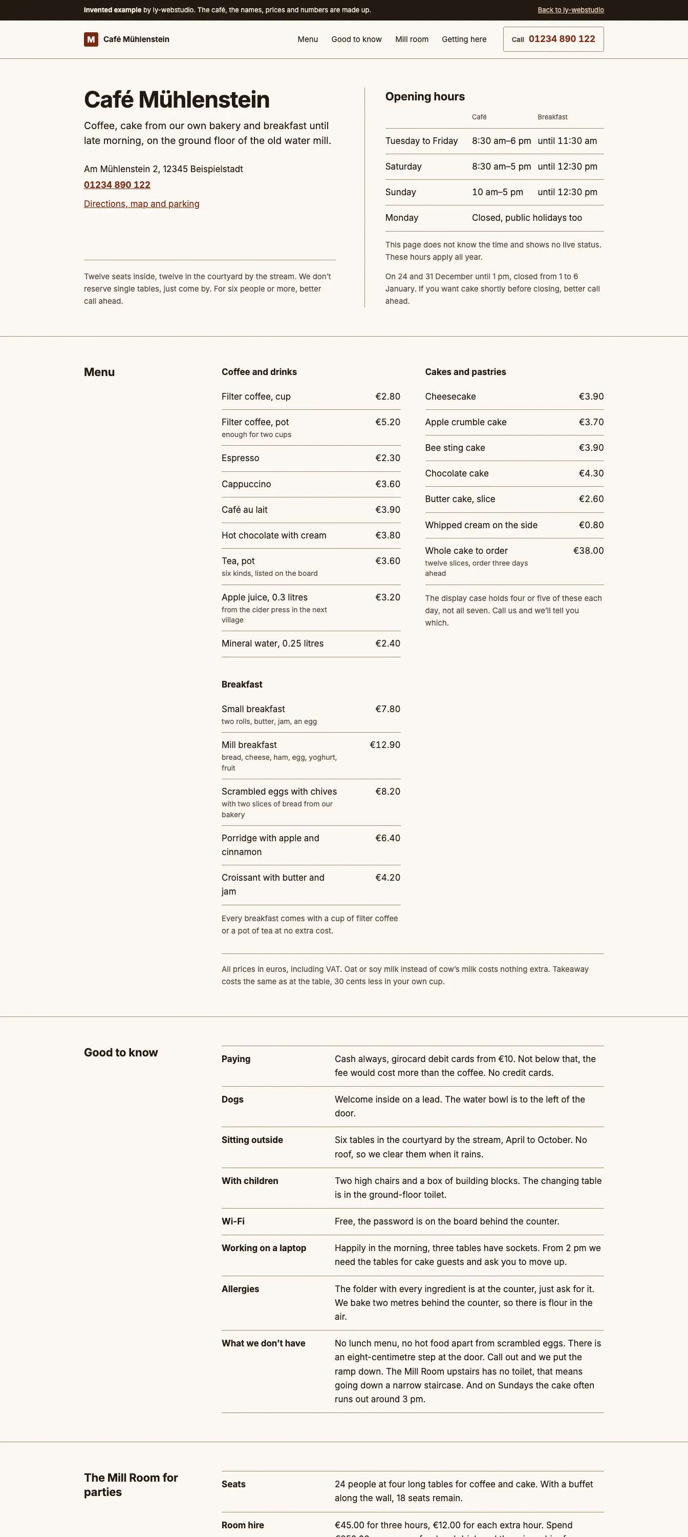 Example site for a café, top to bottom: name, address and opening hours, then the menu with prices and a good-to-know section