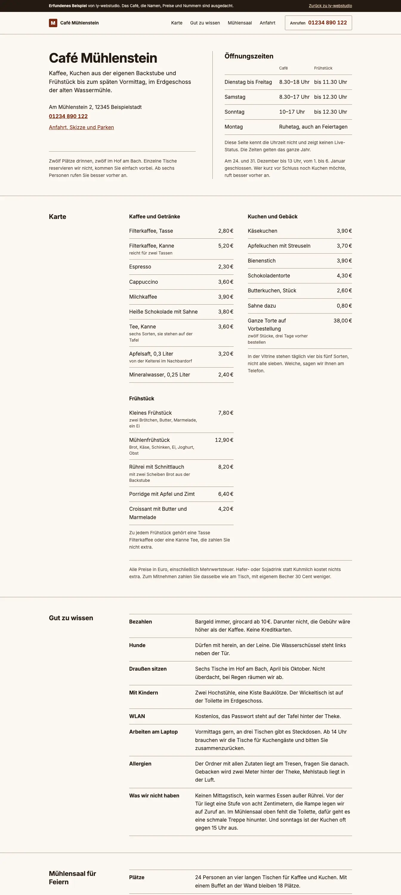 Beispielseite eines Cafés, von oben nach unten: Name, Adresse und Öffnungszeiten, dann die Karte mit Preisen und der Abschnitt Gut zu wissen