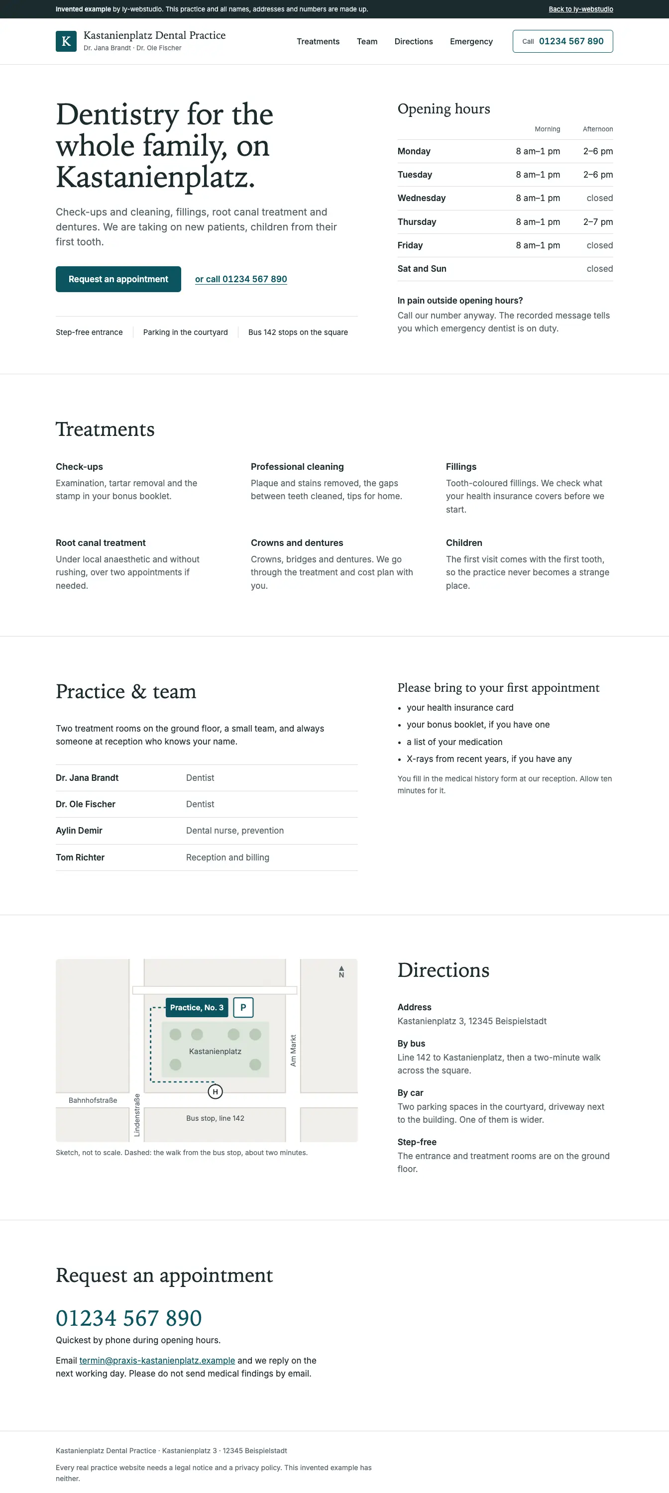 Example site for a dental practice, top to bottom: header with phone number, headline with opening hours as a table, treatments, team, directions with a sketch and appointment request