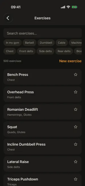 The exercise catalogue with 500 exercises and filters by equipment and muscle