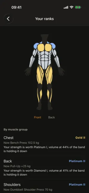 Ranks on the body: chest in gold, shoulders in platinum, and below what the next rank takes