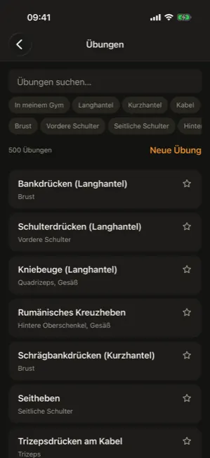 Übungskatalog mit 500 Übungen und Filtern nach Gerät und Muskel